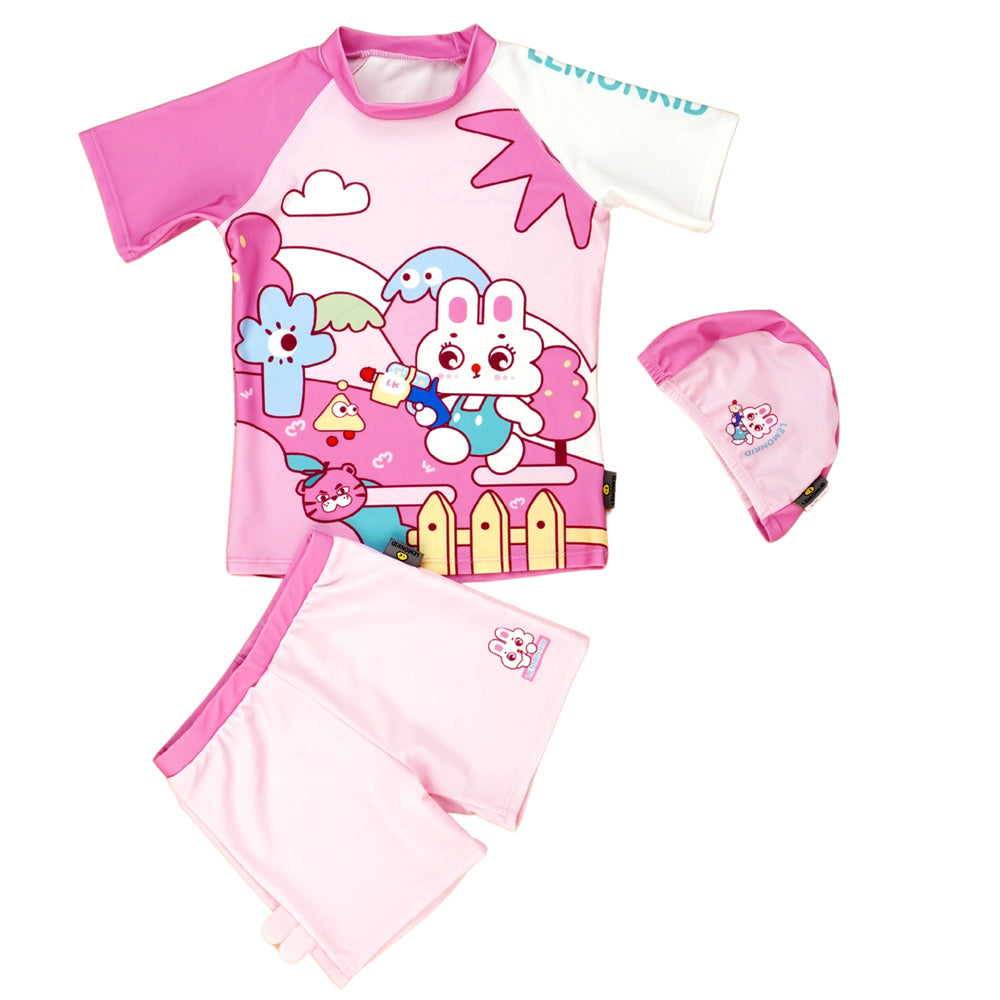 Rabbit Print T-Shirt & Shorts Swimwear- 2 pcs (UPF 50+&A) and Swim Cap - Baby Pink