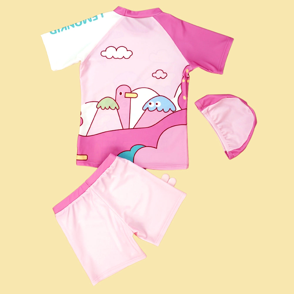 Rabbit Print T-Shirt & Shorts Swimwear- 2 pcs (UPF 50+&A) and Swim Cap - Baby Pink