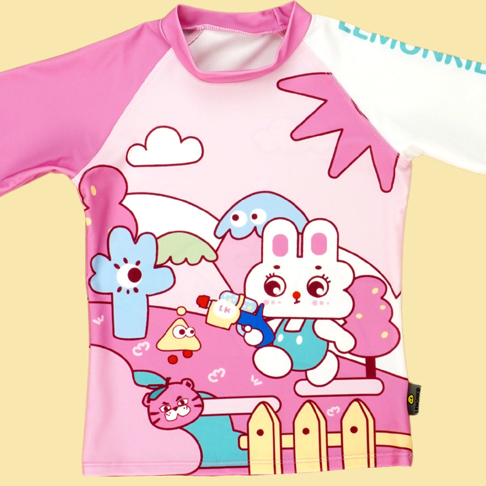 Rabbit Print T-Shirt & Shorts Swimwear- 2 pcs (UPF 50+&A) and Swim Cap - Baby Pink