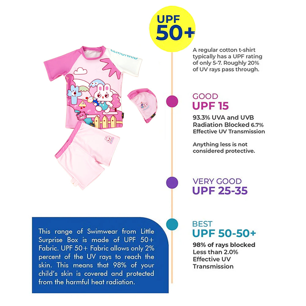 Rabbit Print T-Shirt & Shorts Swimwear- 2 pcs (UPF 50+&A) and Swim Cap - Baby Pink
