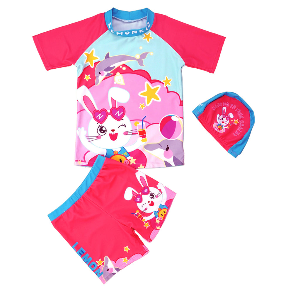 Starry Rabbit Print Swimsuit and Swim Cap for Kids- 2Pcs (UPF 50+&A) - Pink