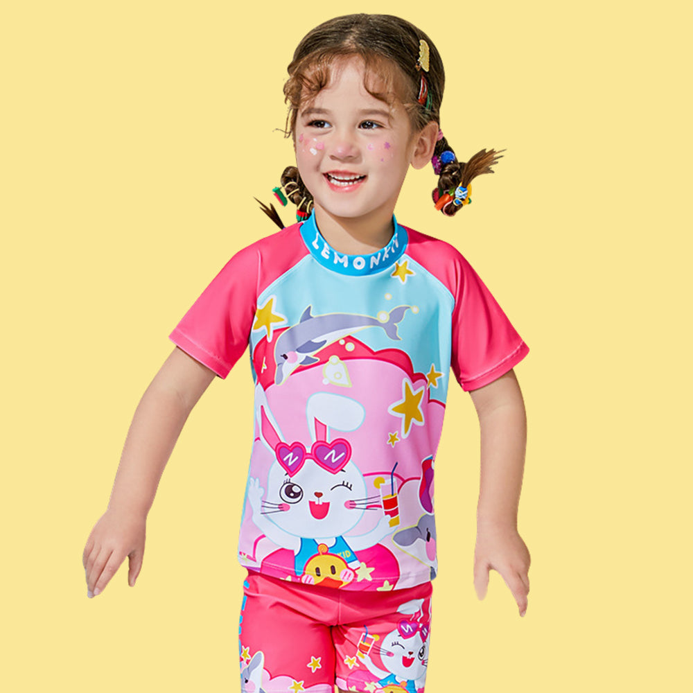 Starry Rabbit Print Swimsuit and Swim Cap for Kids- 2Pcs (UPF 50+&A) - Pink