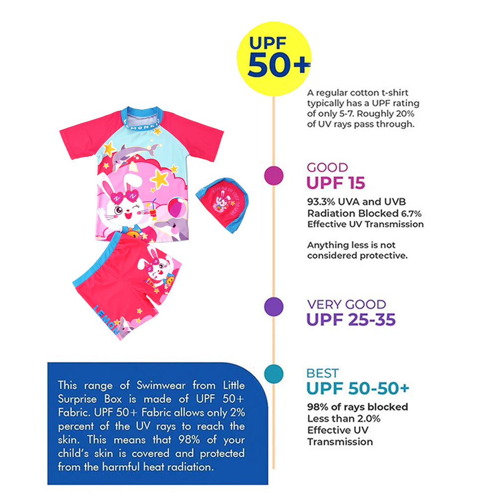 Starry Rabbit Print Swimsuit and Swim Cap for Kids- 2Pcs (UPF 50+&A) - Pink