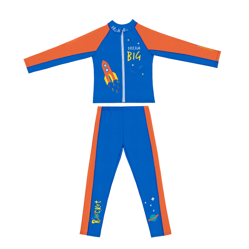 Little Surprise Box,2 pcs Shirt & Pants set LSB Blue & Orange Space Swimwear Full length for Kids with UPF 30+