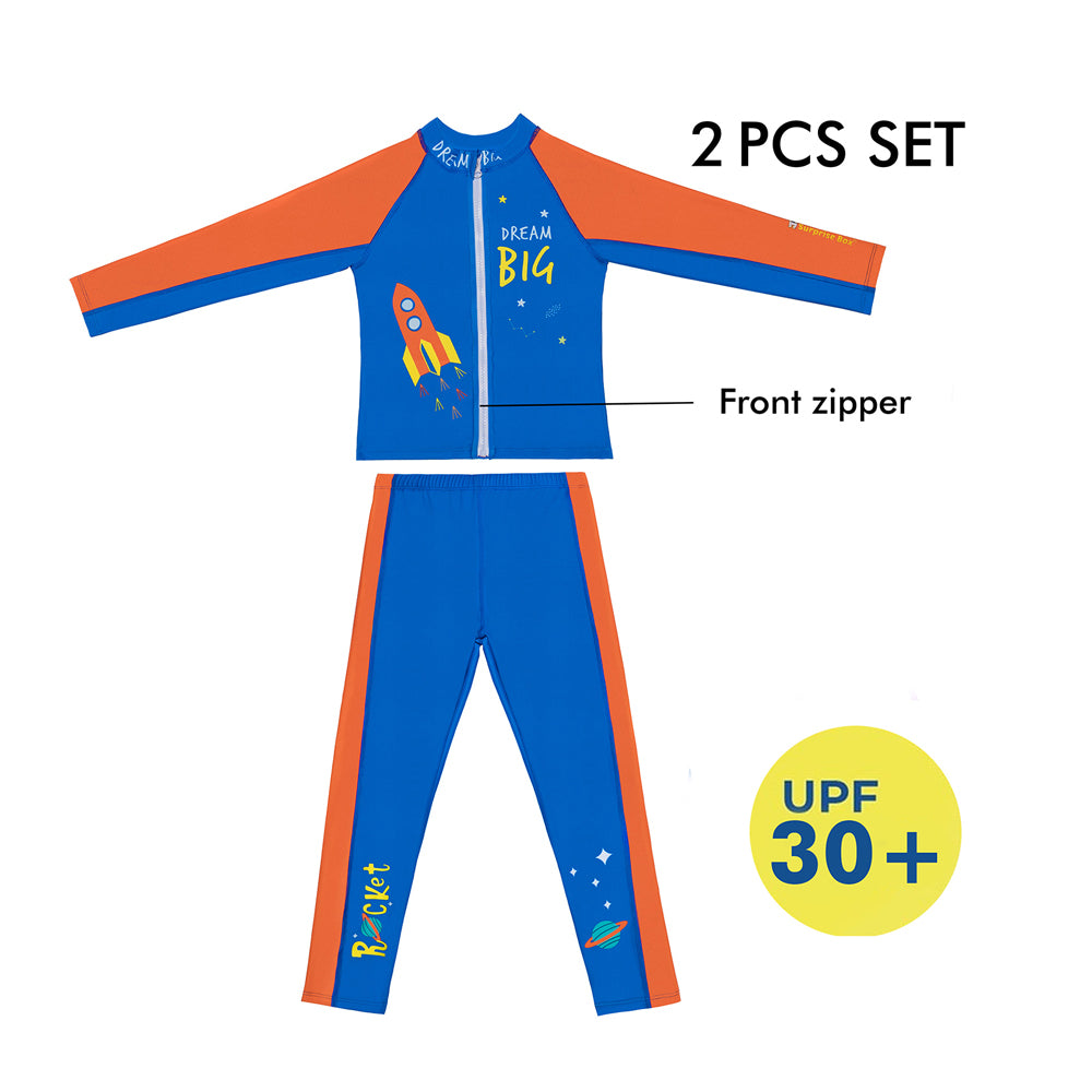 Little Surprise Box,2 pcs Shirt & Pants set LSB Blue & Orange Space Swimwear Full length for Kids with UPF 30+