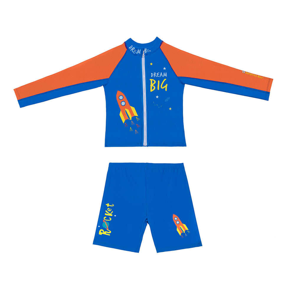 Little Surprise Box,2 pcs Shirt & Shorts set LSB Blue & Orange Space Swimwear Knee length for Kids with UPF 30+