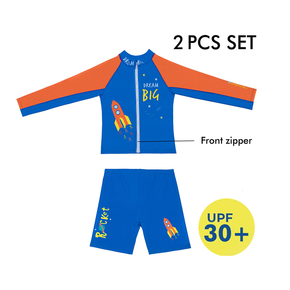 Little Surprise Box,2 pcs Shirt & Shorts set LSB Blue & Orange Space Swimwear Knee length for Kids with UPF 30+