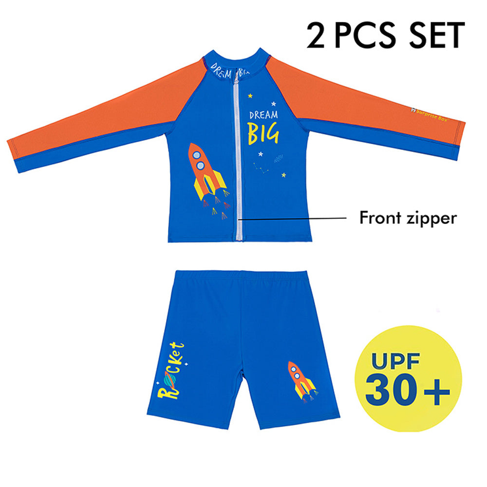 Little Surprise Box,2 pcs Shirt & Shorts set LSB Blue & Orange Space Swimwear Knee length for Kids with UPF 30+