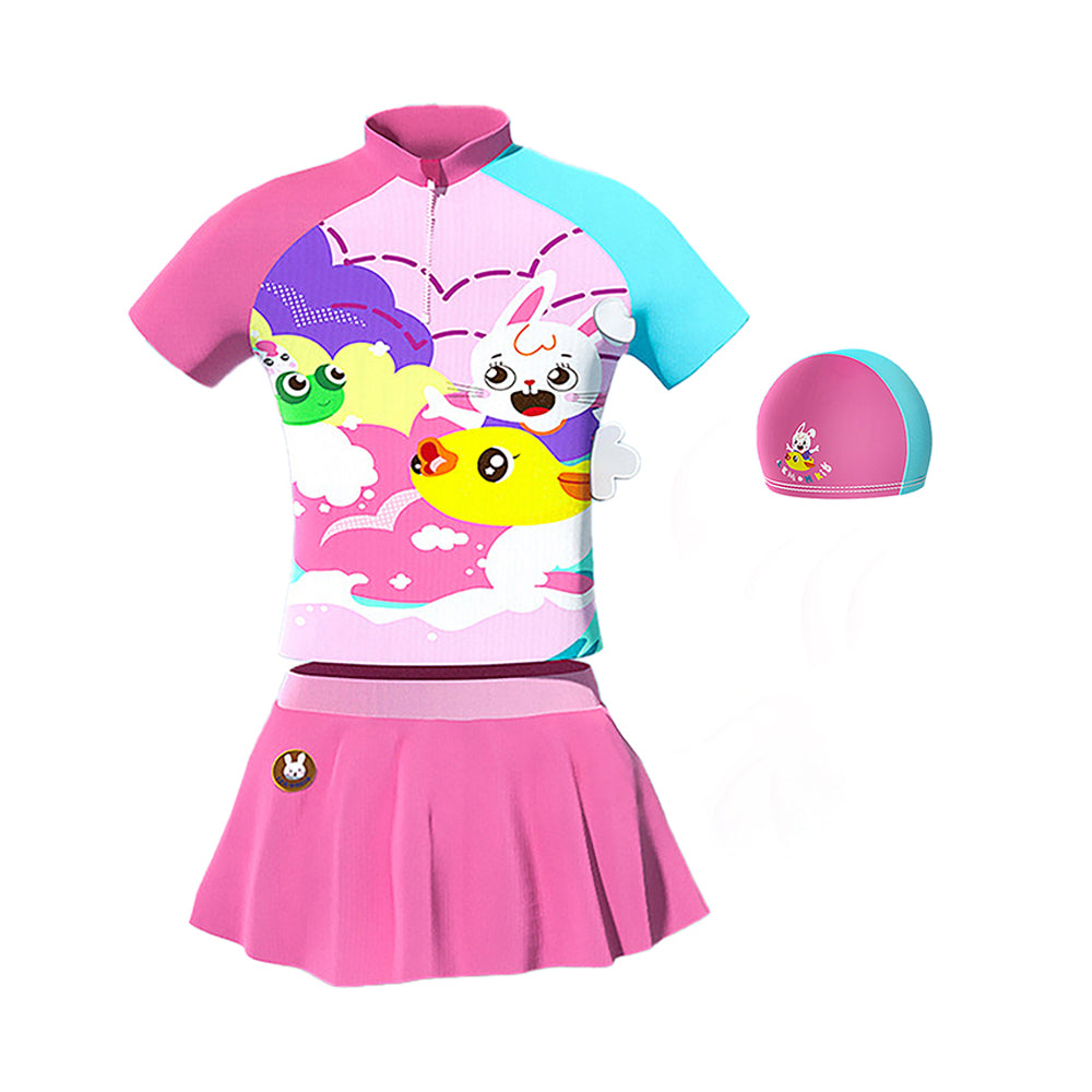 Little Surprise Box, 2 pcs Shirt & Skirt Set, Mint & Pink Multi Swimwear With Matching Swim cap For Kids With UPF 50+