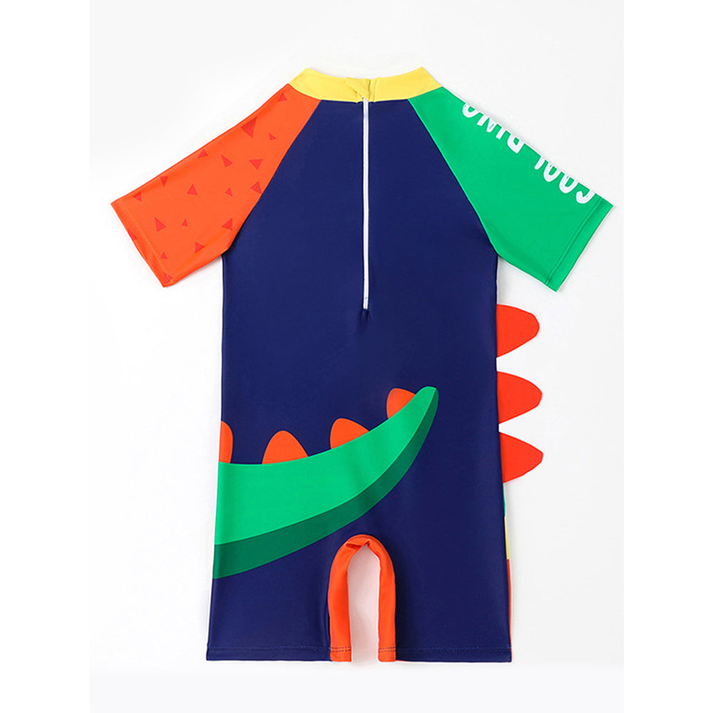 2 pcs Shirt & Shorts Set 3d Orange Dinosaur Swimwear With Matching Swim Cap For Toddlers And Kids, With UPF 50+