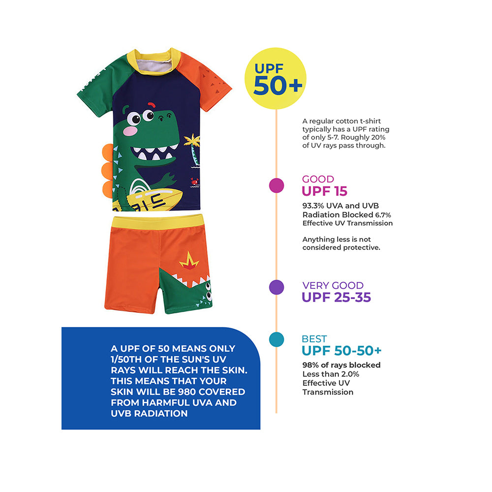 2 pcs Shirt & Shorts Set 3d Orange Dinosaur Swimwear With Matching Swim Cap For Toddlers And Kids, With UPF 50+