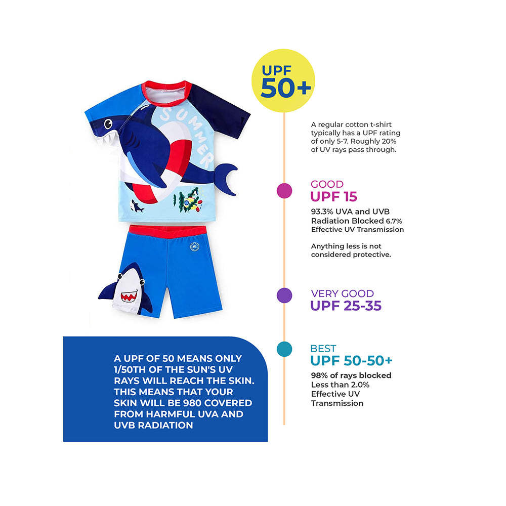 2 pcs Shirt & Shorts Set Red & Blue 3d Whale Kids Swimwear With Matching Swim Cap With UPF 50+