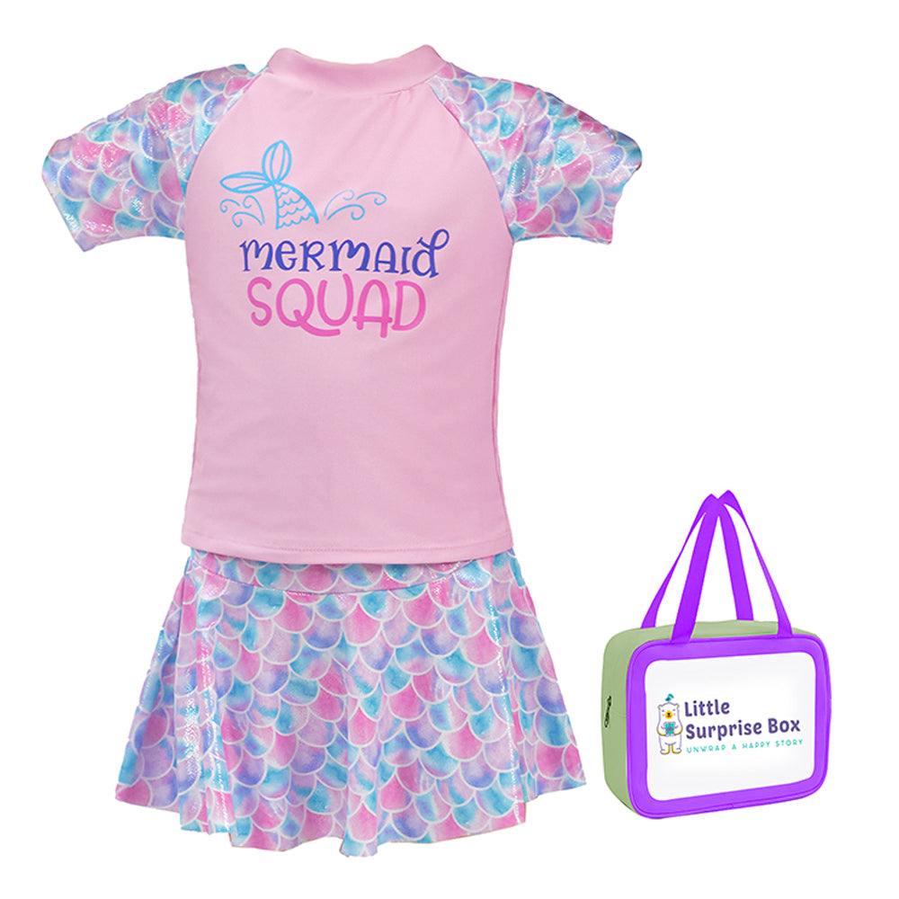 Little Surprise Box,Glitter Mermaid 2 pcs tshirt & skirt set Swimwear with attached Shorts for Kids & Toddlers