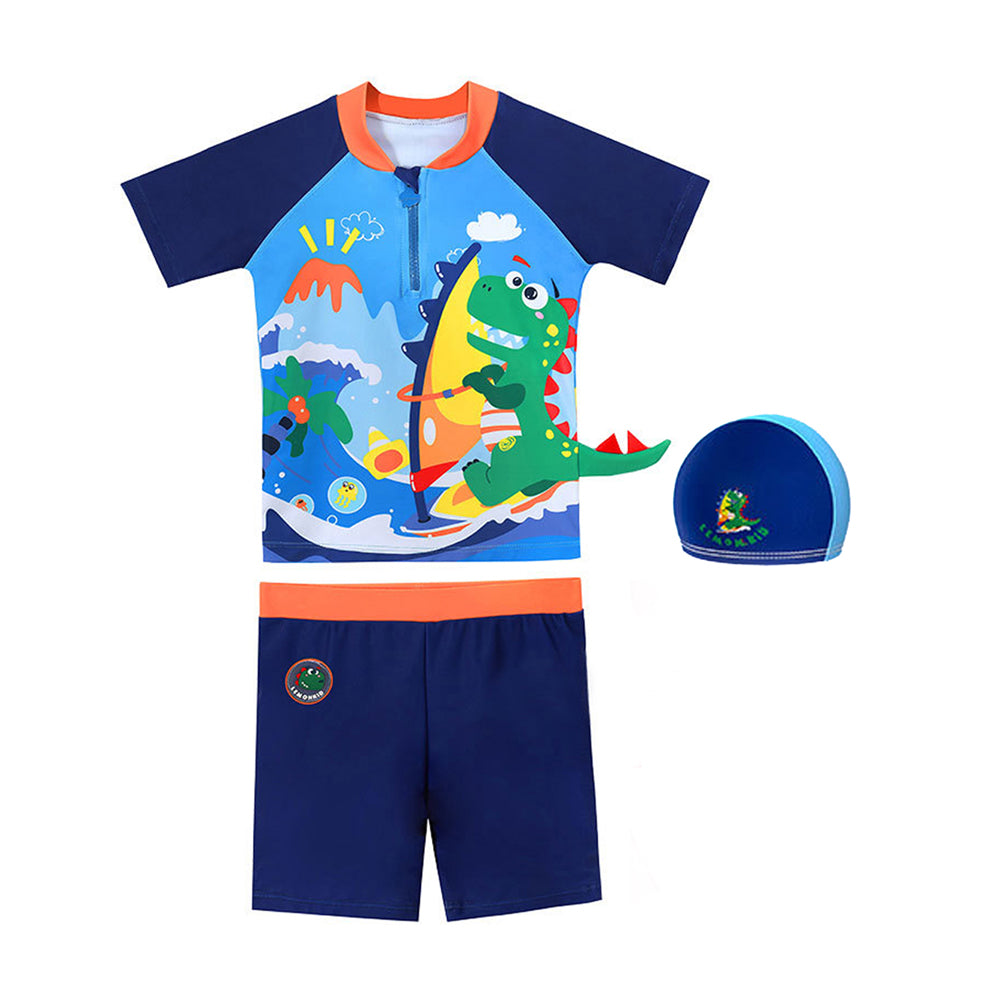2 pcs Shirt & Shorts Set Blue 3d Dino Surfer Kids Swimwear With Matching Swim Cap With UPF 50+