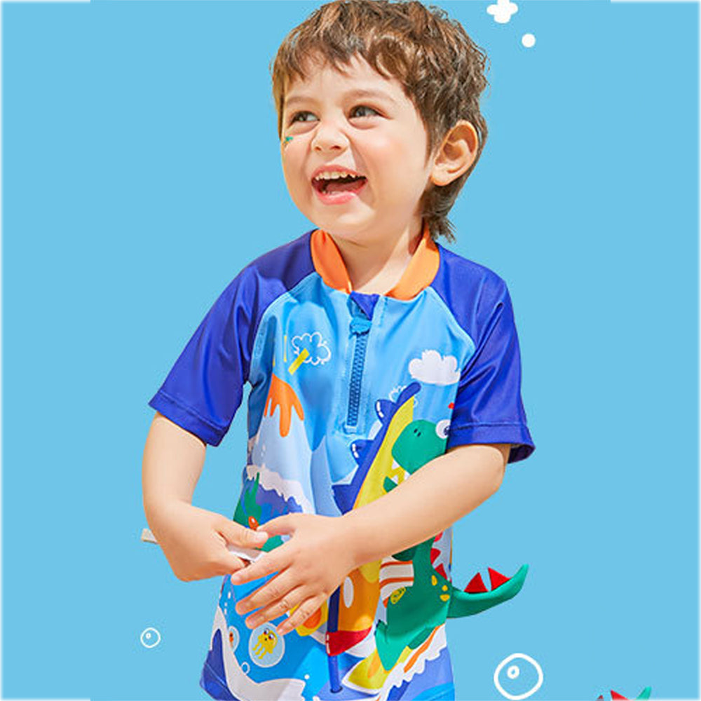2 pcs Shirt & Shorts Set Blue 3d Dino Surfer Kids Swimwear With Matching Swim Cap With UPF 50+