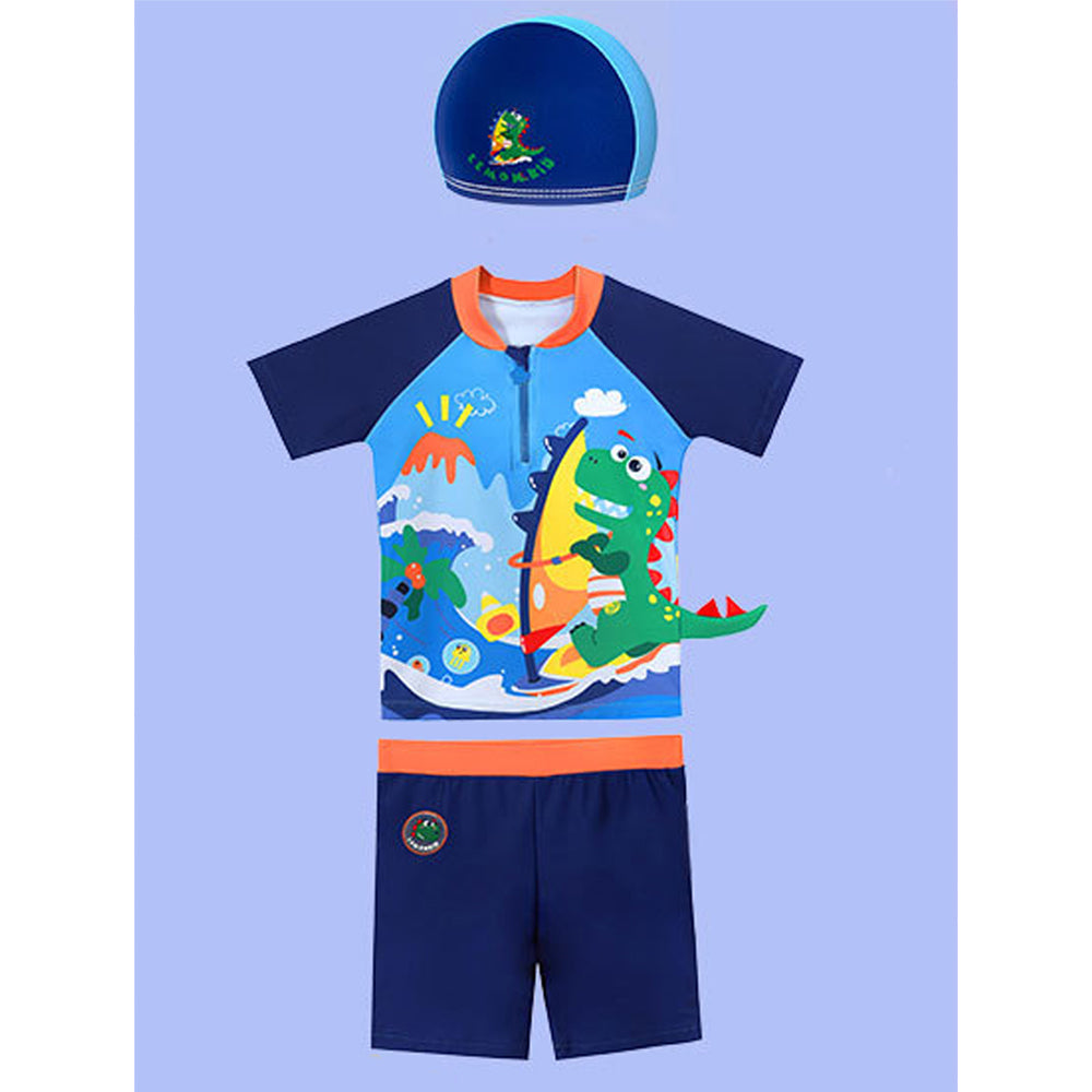 2 pcs Shirt & Shorts Set Blue 3d Dino Surfer Kids Swimwear With Matching Swim Cap With UPF 50+