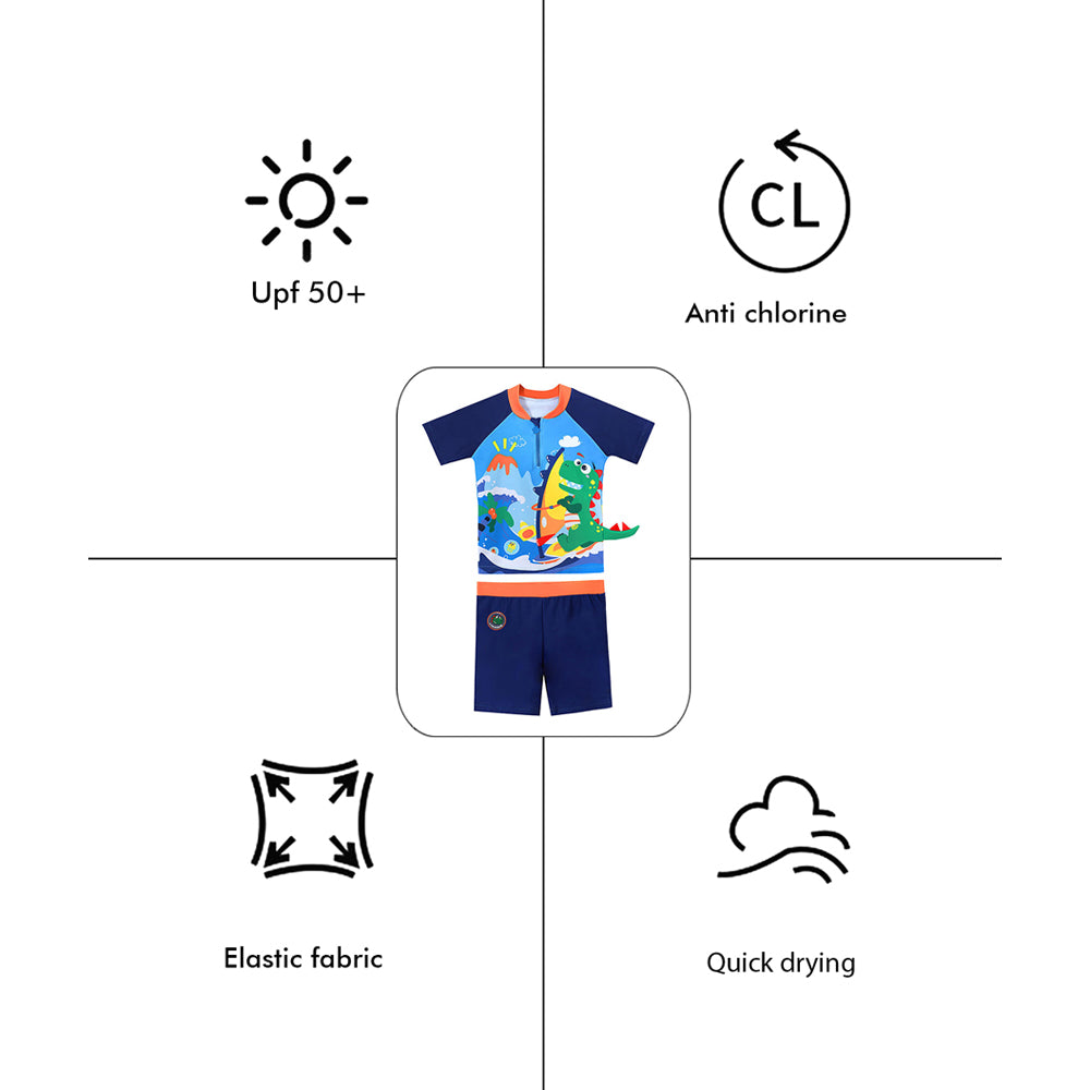 2 pcs Shirt & Shorts Set Blue 3d Dino Surfer Kids Swimwear With Matching Swim Cap With UPF 50+