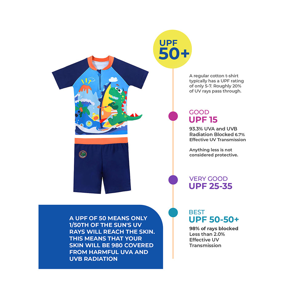 2 pcs Shirt & Shorts Set Blue 3d Dino Surfer Kids Swimwear With Matching Swim Cap With UPF 50+