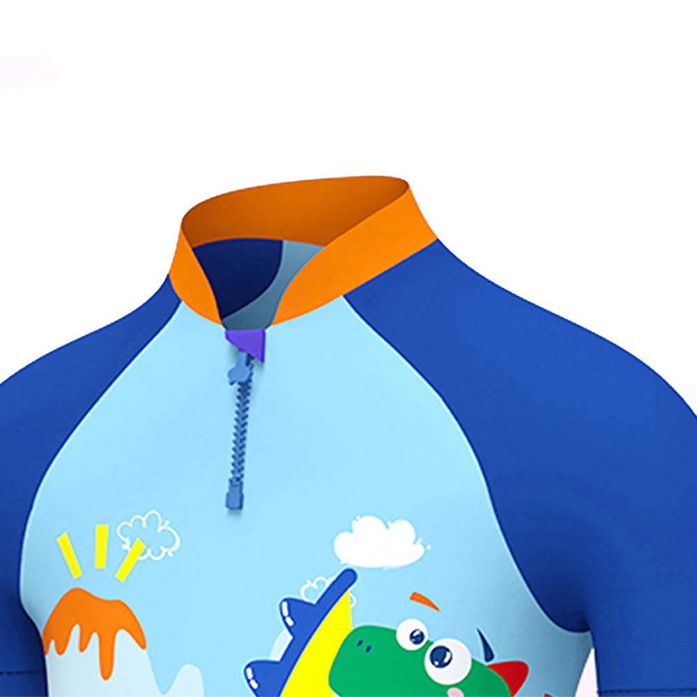 3d Tail Blue Surfing Dino Kids Swimwear with matching Swim Cap