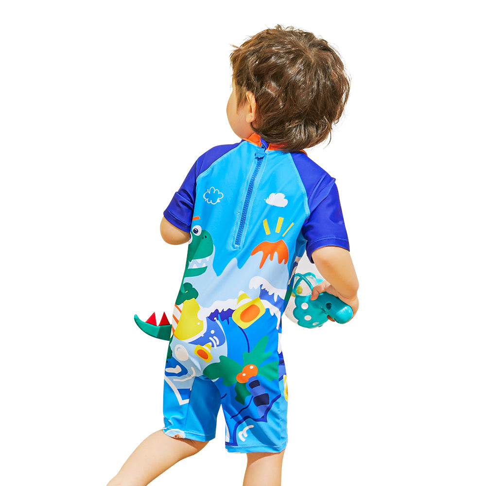 3d Tail Blue Surfing Dino Kids Swimwear with matching Swim Cap