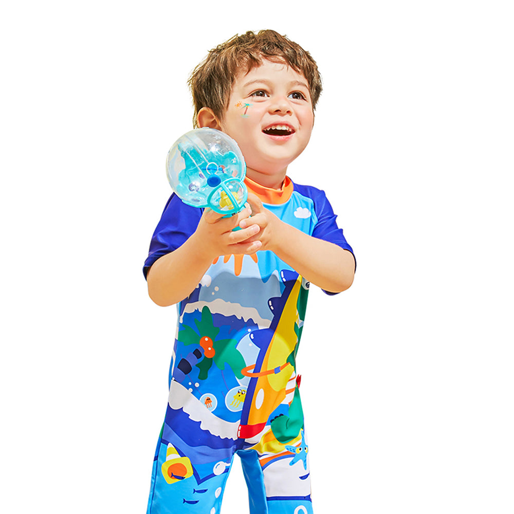 3d Tail Blue Surfing Dino Kids Swimwear with matching Swim Cap