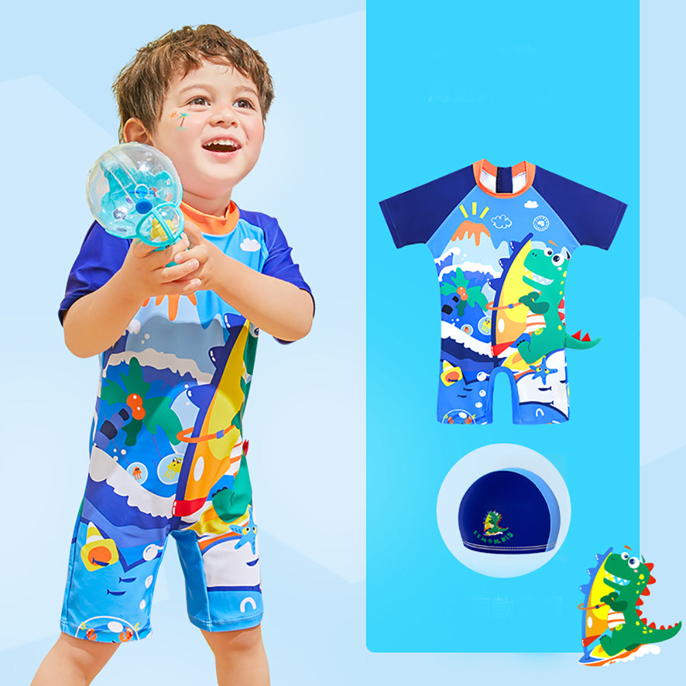 3d Tail Blue Surfing Dino Kids Swimwear with matching Swim Cap