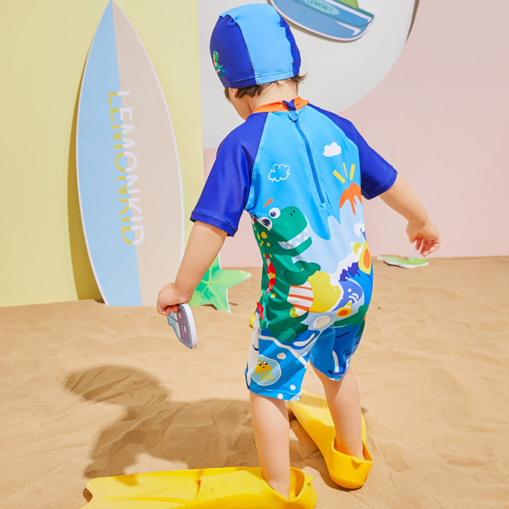 3d Tail Blue Surfing Dino Kids Swimwear with matching Swim Cap