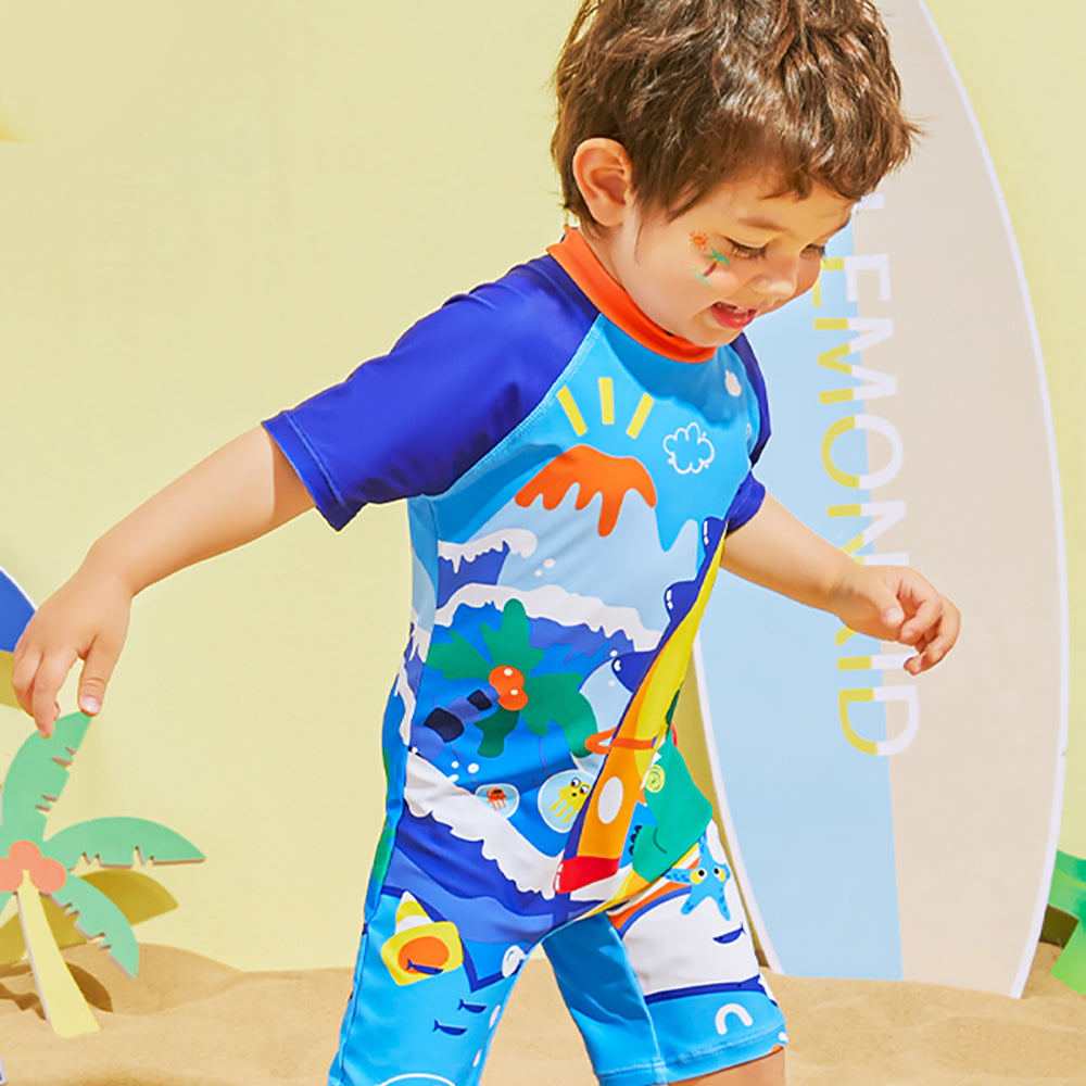 3d Tail Blue Surfing Dino Kids Swimwear with matching Swim Cap