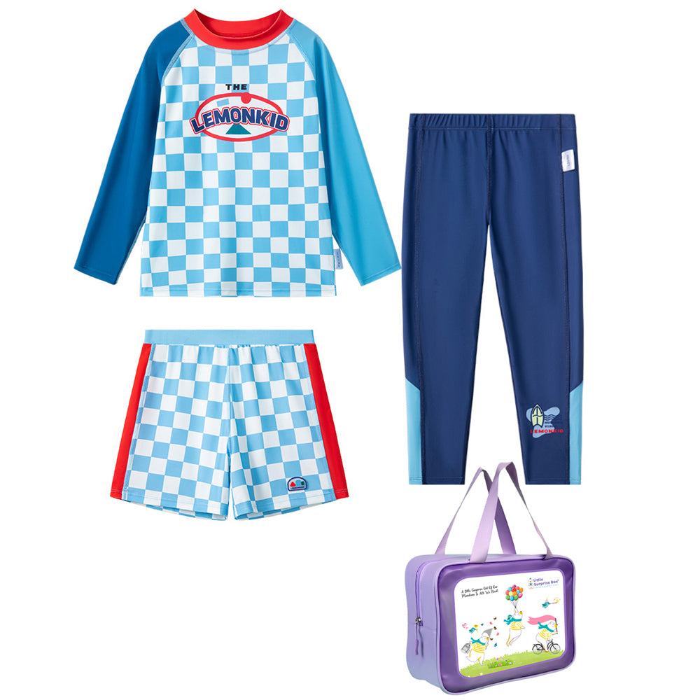 Little Surprise Box,3Pcs Blue Checkered Swimsuit For Boys With Upf 50+&A Free Swim Washbag.