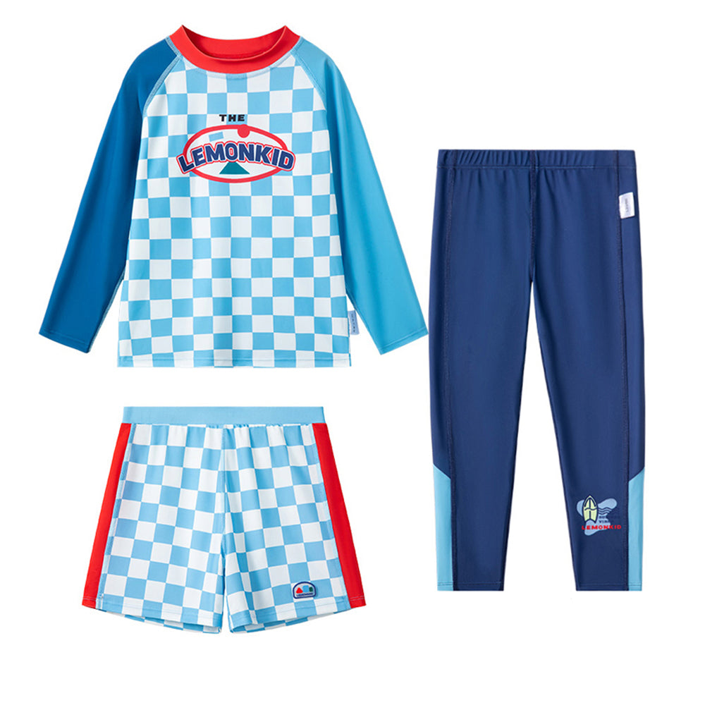 Checkered Swimsuit for Boys- 3Pcs (UPF 50+&A) - 110 - Blue