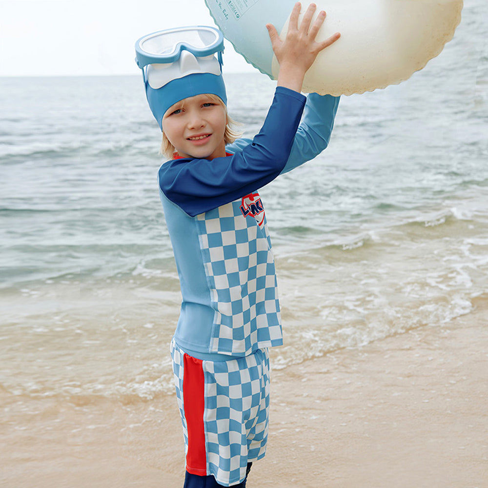 Little Surprise Box,3Pcs Blue Checkered Swimsuit For Boys With Upf 50+&A Free Swim Washbag.