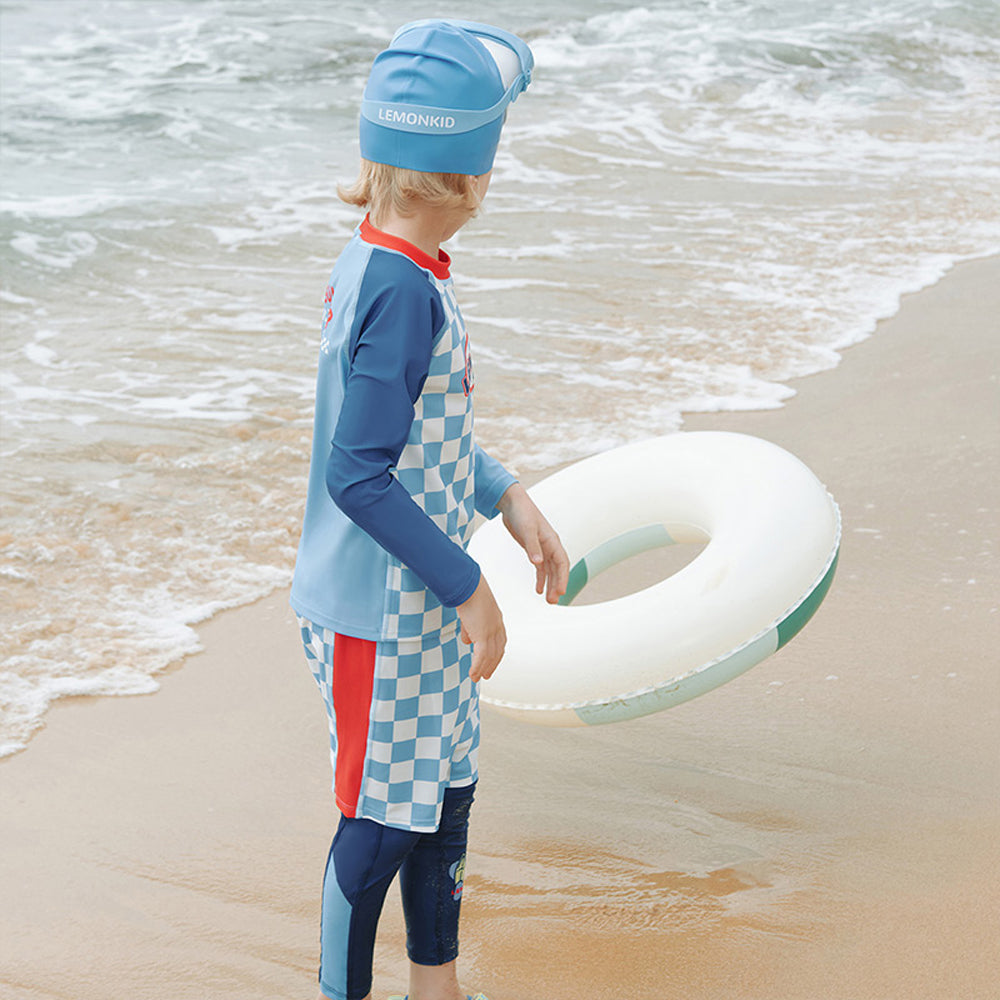 Little Surprise Box,3Pcs Blue Checkered Swimsuit For Boys With Upf 50+&A Free Swim Washbag.