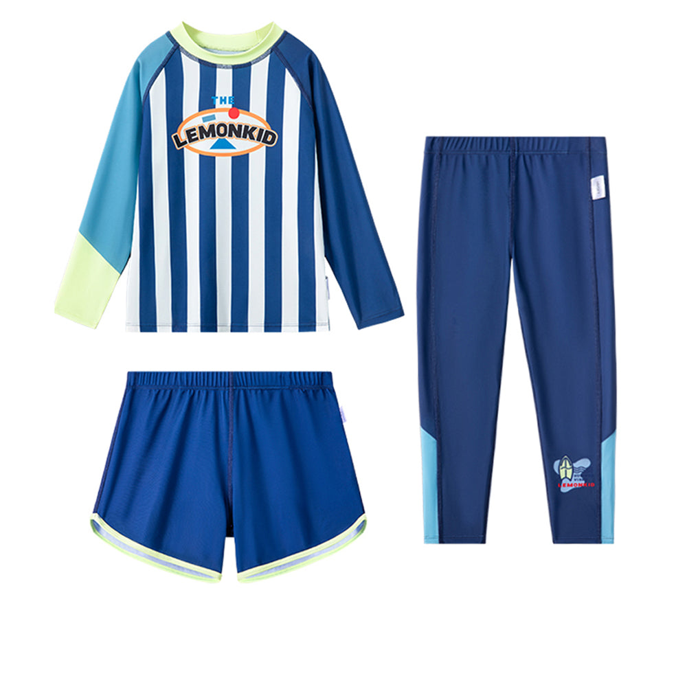 Bold Stripes Swimsuit for Boy- 3Pcs (UPF 50+&A) - Blue