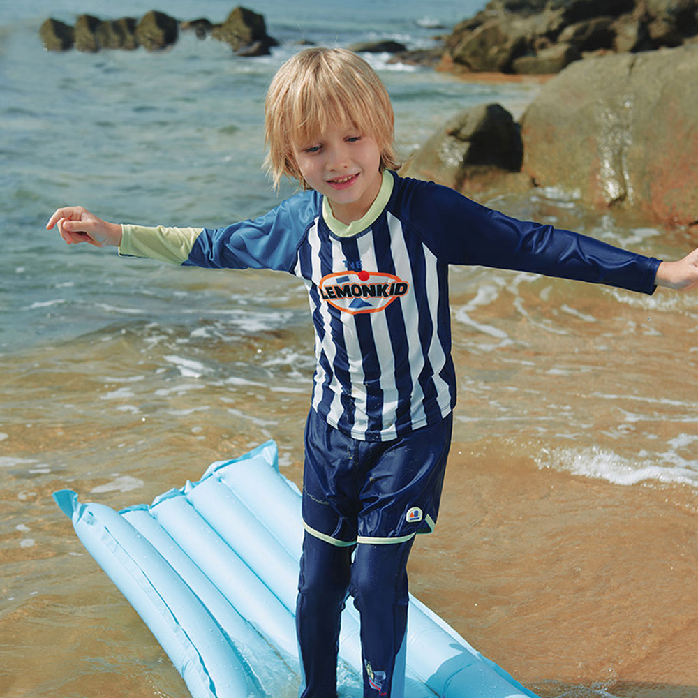 3pcs Bold Blue Green Stripes Swimsuit for Boys with UPF 50+&a free Swim Washbag.