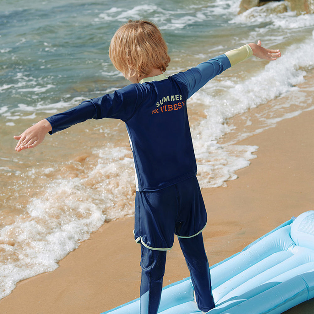 3pcs Bold Blue Green Stripes Swimsuit for Boys with UPF 50+&a free Swim Washbag.