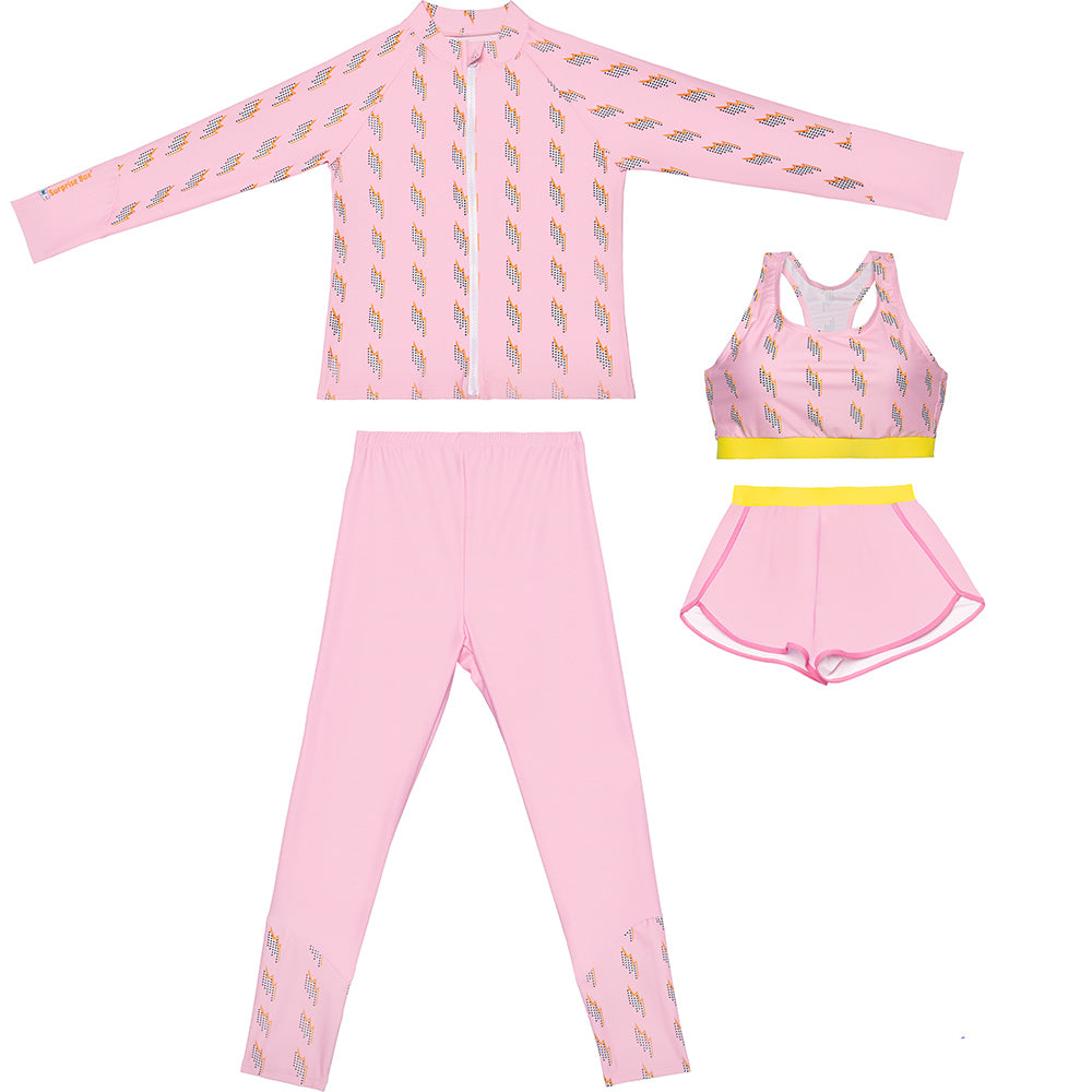 Little Surprise Box,3 pcs Pink ThunderBolt Matching Top,Leggings & Jacket style Swimwear set for Pre teens & Teens