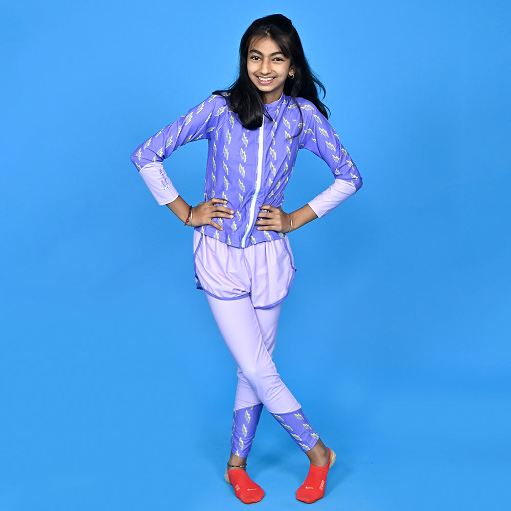 Little Surprise Box,3 pcs Purple ThunderBolt Matching Top,leggings & Jacket style Swimwear set for Pre Teens & Teens