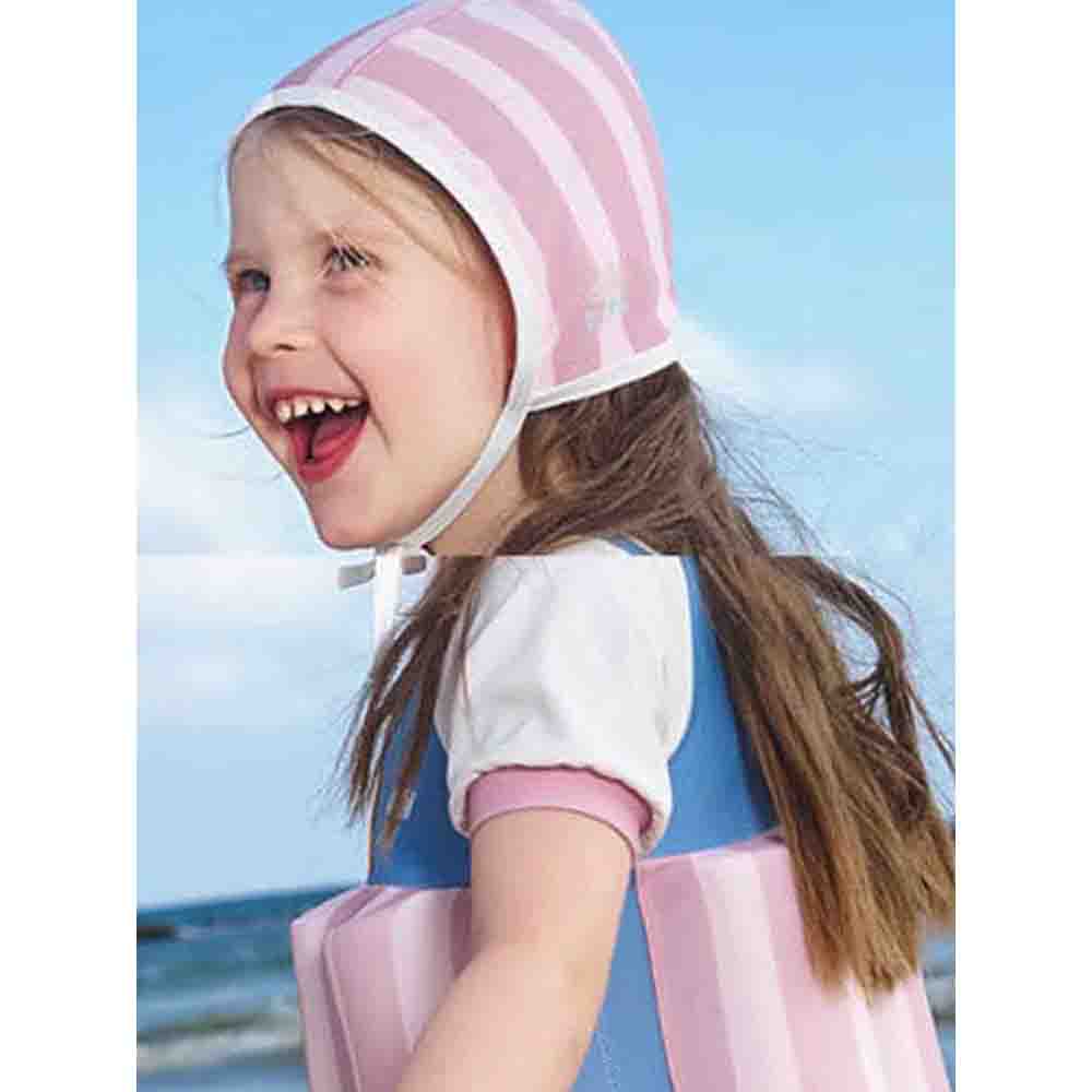 Little Surprise Box Powder Blue & Pink Stripes Kids Swimsuit with attached Swim Floats +tie up cap in UPF 50+