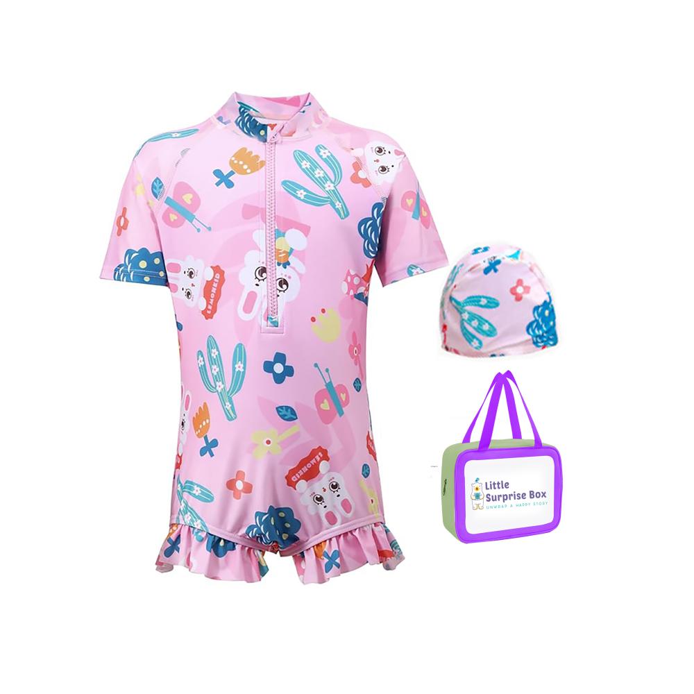 Pink Bunny Kids Swimwear with matching Swim Cap with UPF 50+&Free Washbag