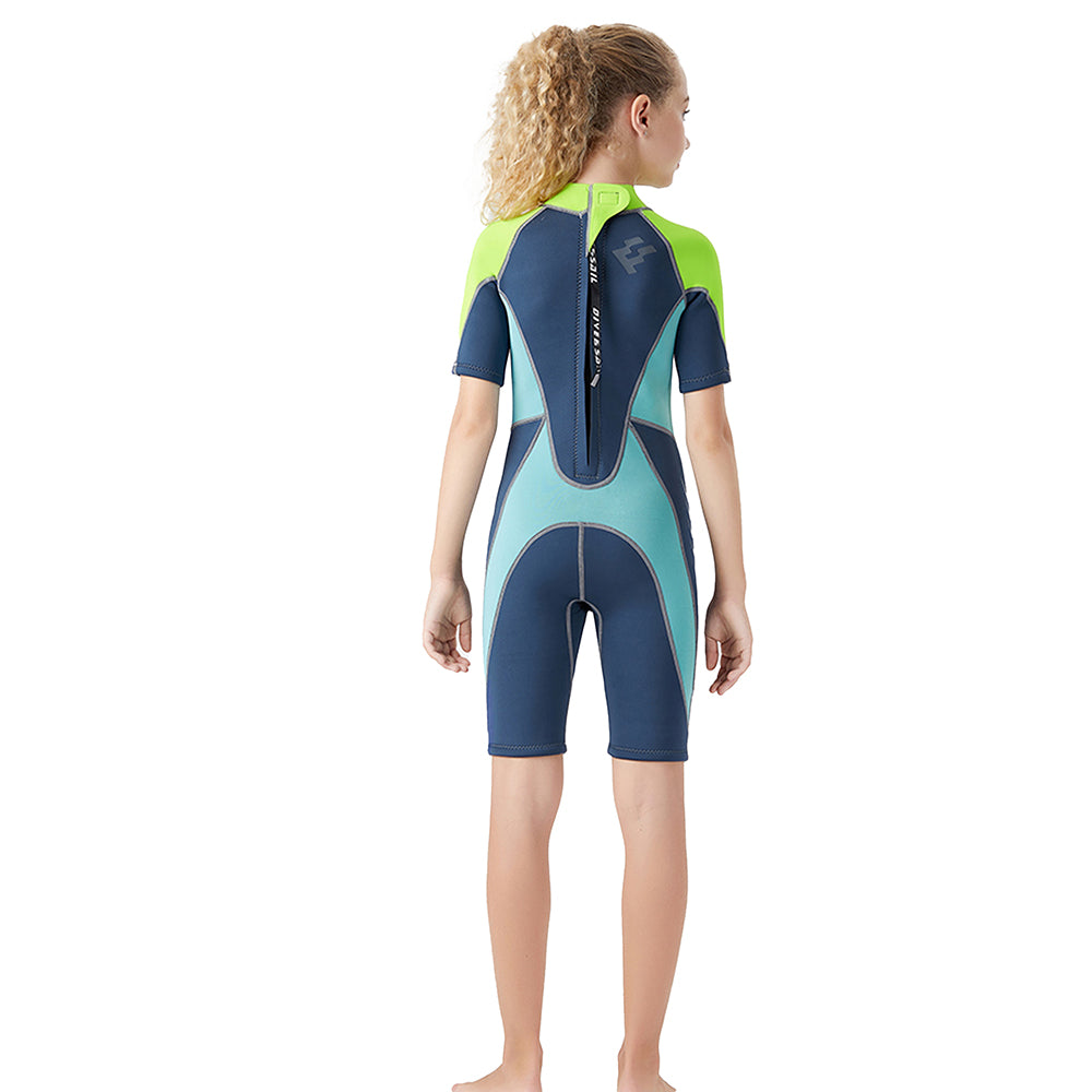 Little Surprise Box Colorblock Green & Light Blue 2.5mm Neoprene Knee Length Kids Swimsuit, Half Sleeves Swimwear-Small