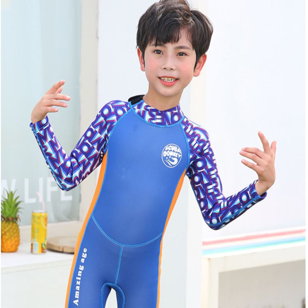 Cobalt Printed SleevesOrange knee Length Scuba Swimsuit 2.5mm Neoprene Swimwear for water adventures for Kids,Teens and Adults