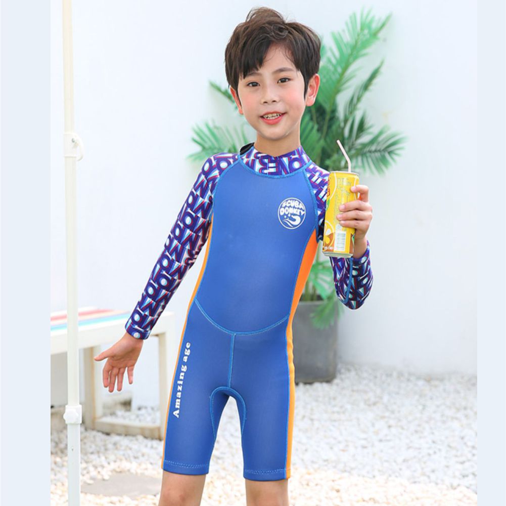 Cobalt Printed SleevesOrange knee Length Scuba Swimsuit 2.5mm Neoprene Swimwear for water adventures for Kids,Teens and Adults