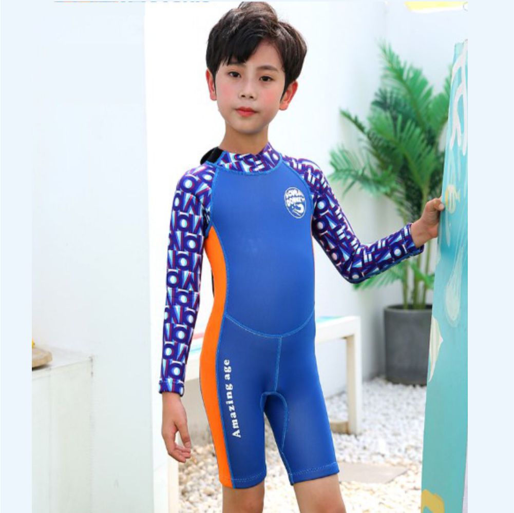 Cobalt Printed SleevesOrange knee Length Scuba Swimsuit 2.5mm Neoprene Swimwear for water adventures for Kids,Teens and Adults