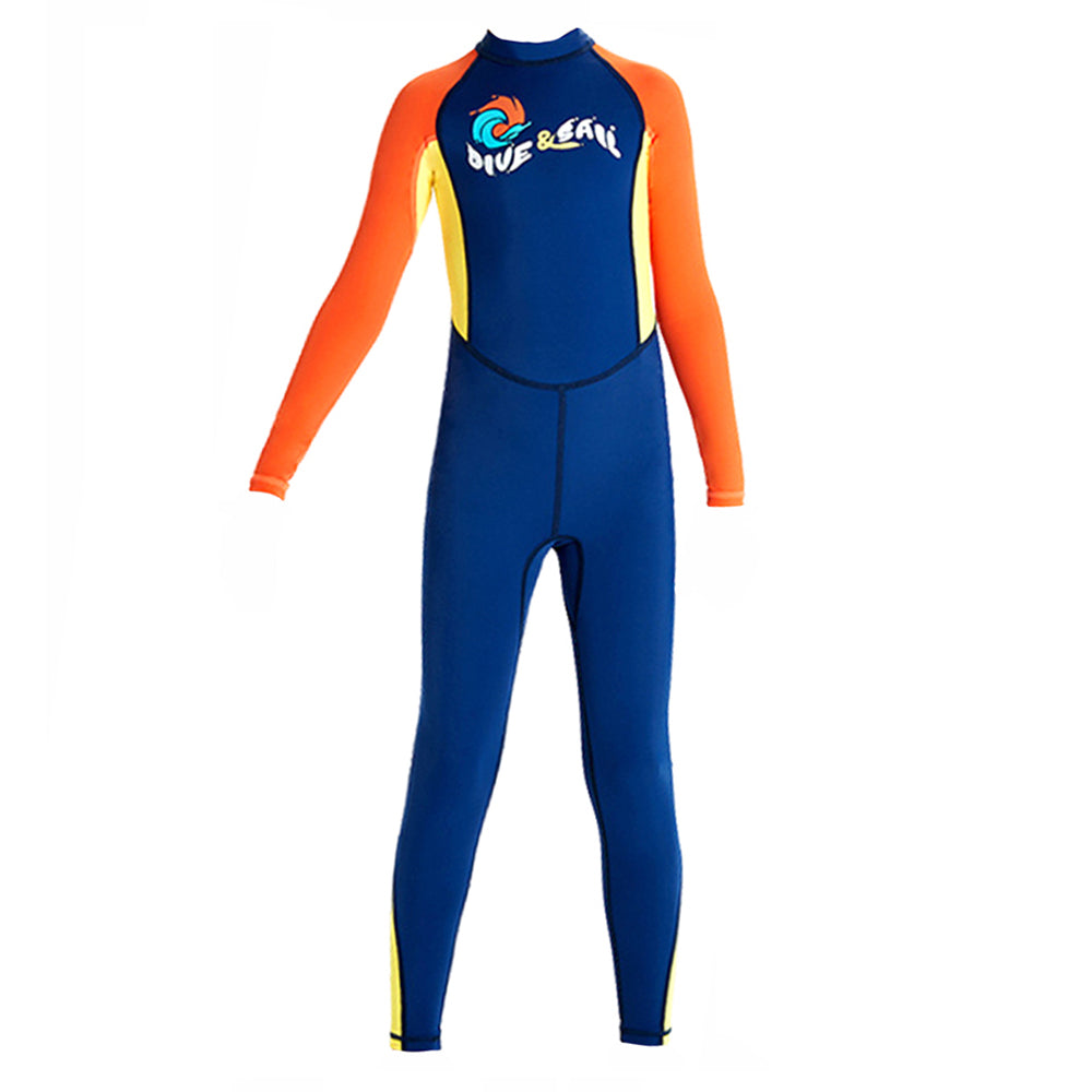 Full Length Dive Navy & Orange Printed Kids Swimwear In Upf 50+ Fabric