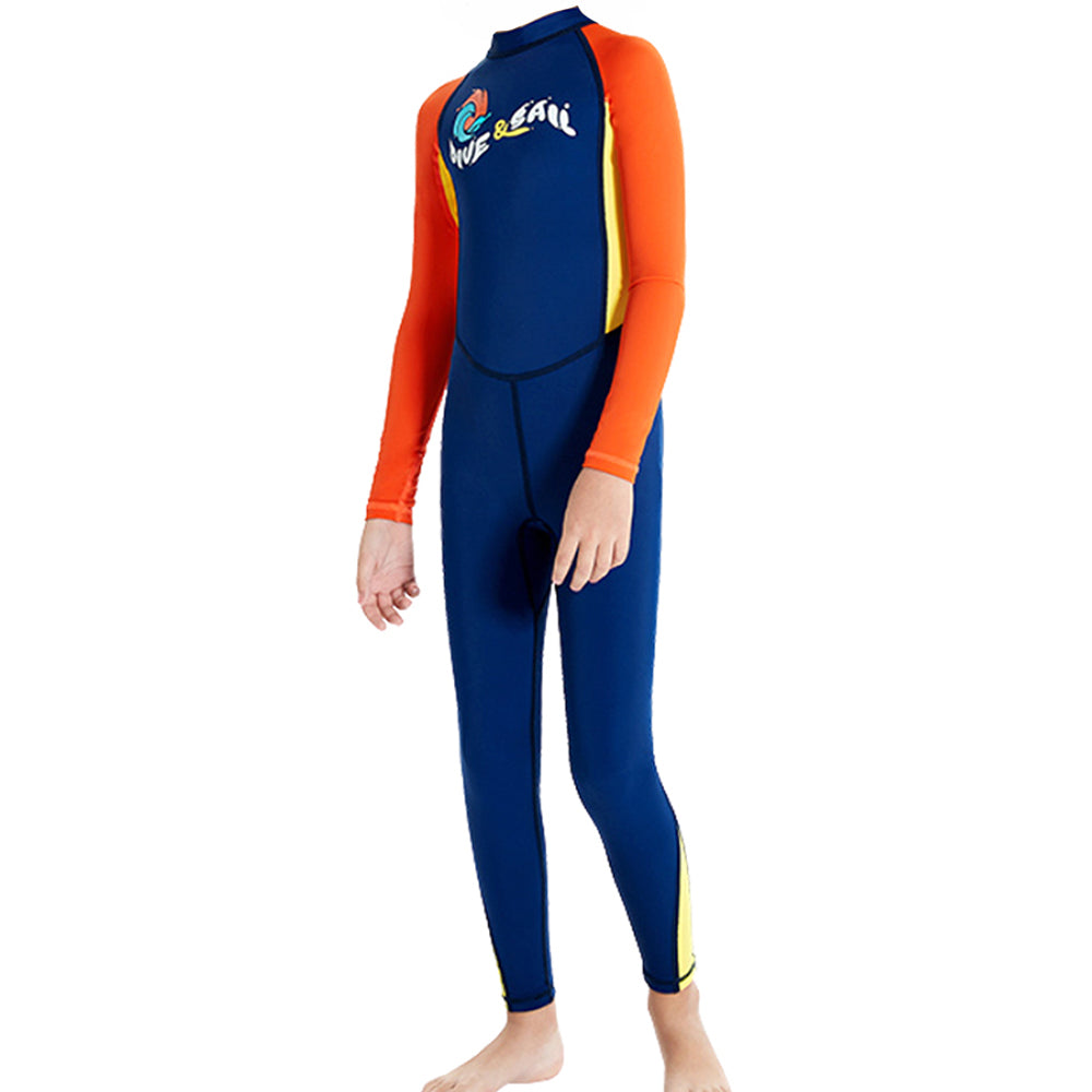 Full Length Dive Navy & Orange Printed Kids Swimwear In Upf 50+ Fabric