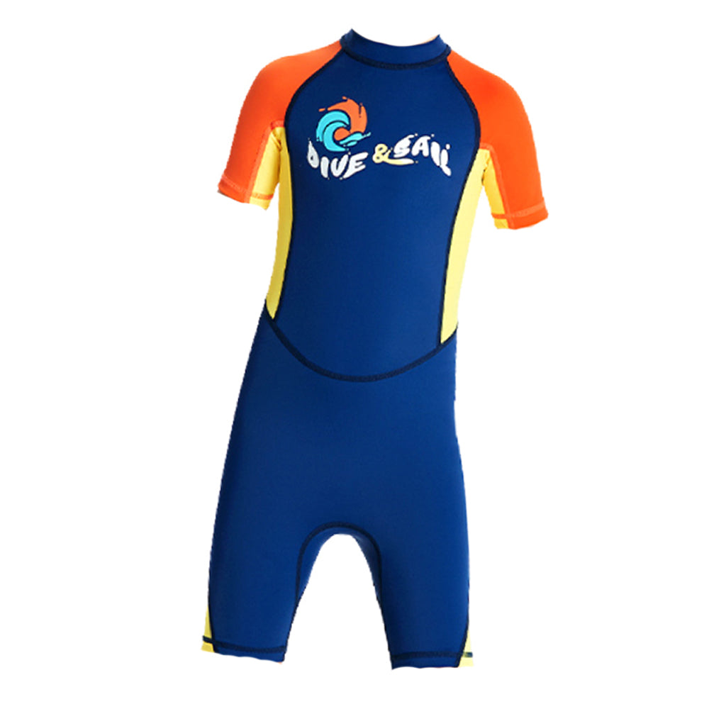 Knee Length Dive Navy & Orange Printed Kids Swimwear In Upf 50+ Fabric