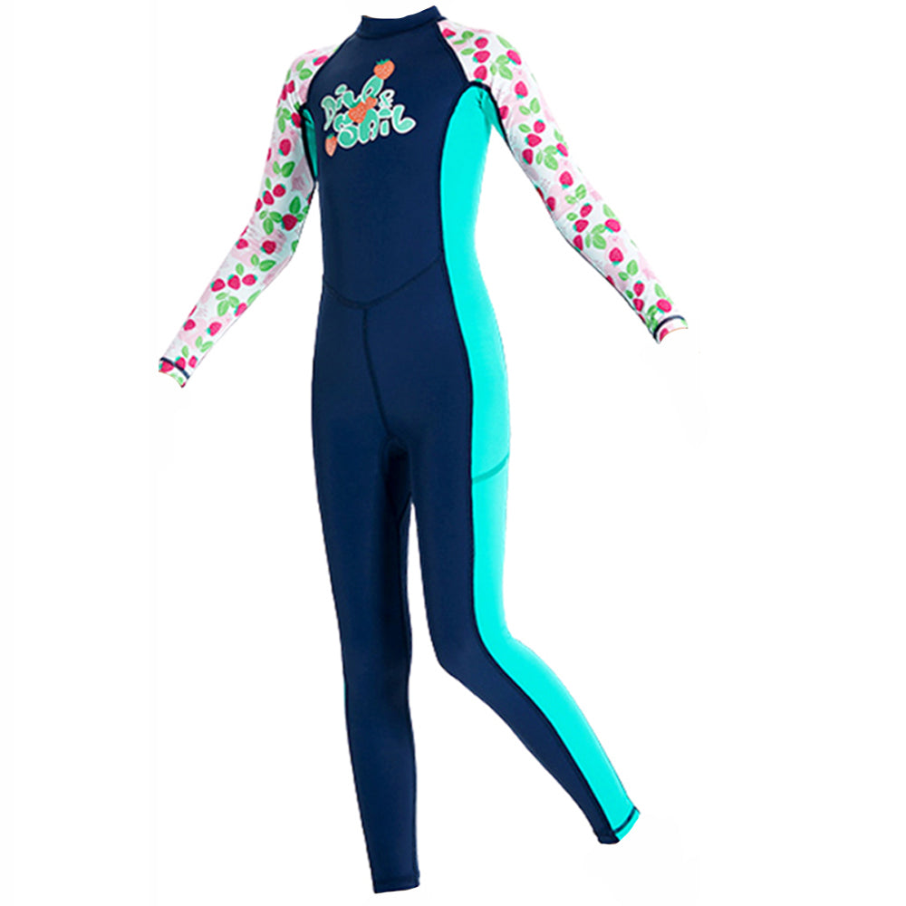 Full Length Dive Navy Strawberry Printed Kids Swimwear In Upf 50+ Fabric