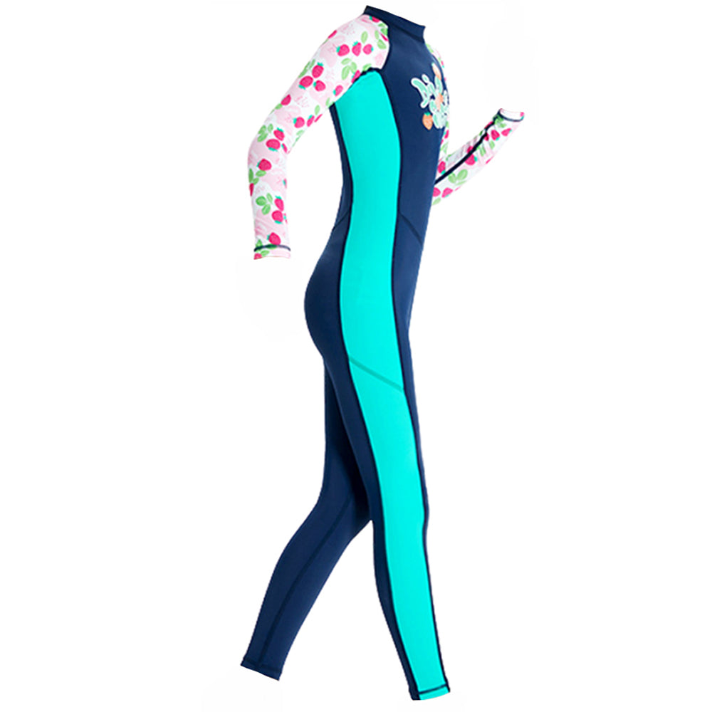 Full Length Dive Navy Strawberry Printed Kids Swimwear In Upf 50+ Fabric