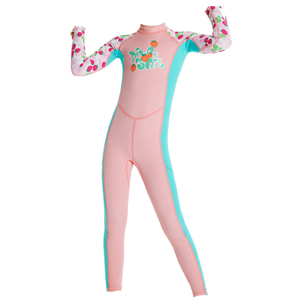 Knee Length Dive Baby Pink Strawberry Printed Kids Swimwear In Upf 50+ Fabric