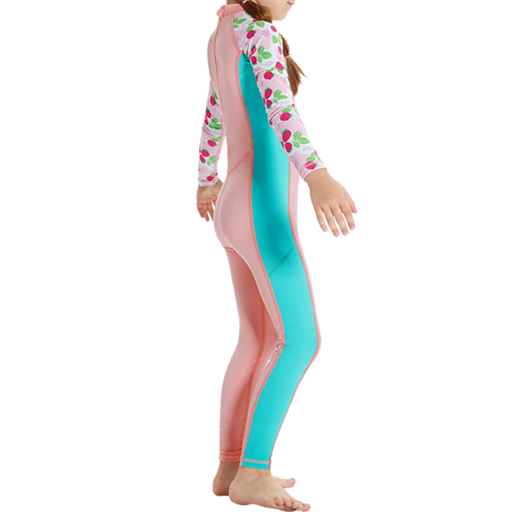 Knee Length Dive Baby Pink Strawberry Printed Kids Swimwear In Upf 50+ Fabric